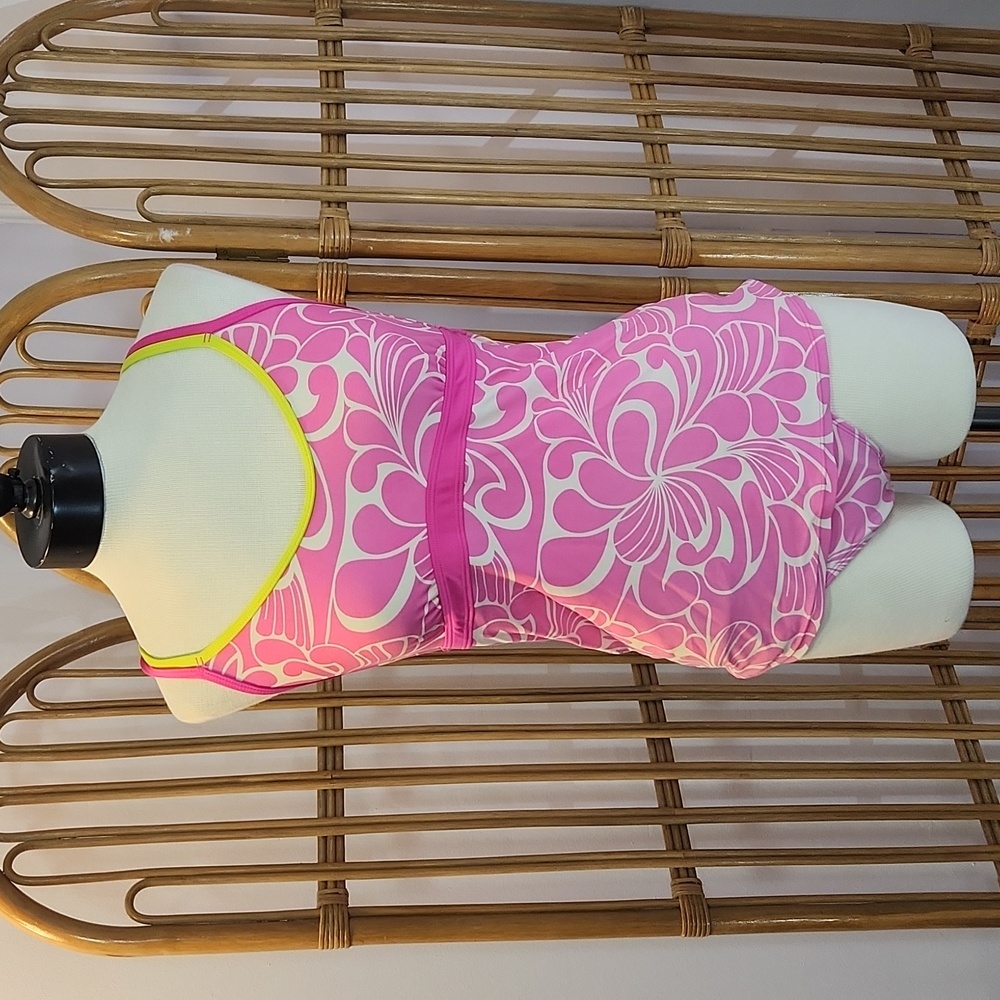 Athleta bathing suit pink floral and chartreuse size 11/12 reversible bottoms